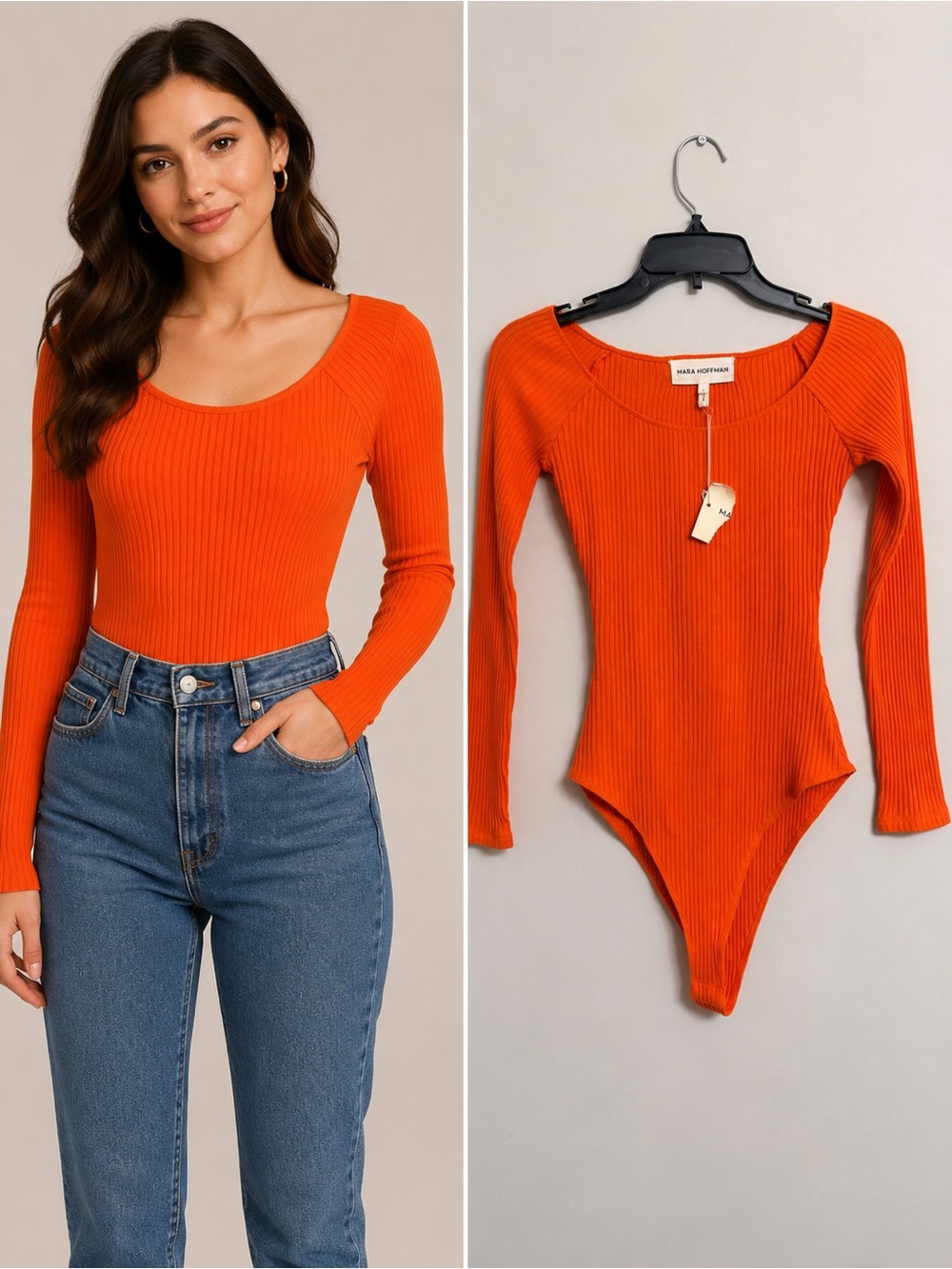 Mara Hoffman Orange Ribbed Scoop Neck Bodysuit - Women's Size S, NWT